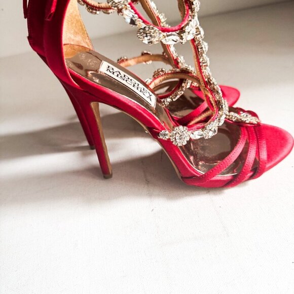 Badgley Mischka coral red satin rhinestone  cocktail heels shoes 5.5 - Picture 5 of 10